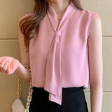 Women's Shirt Pink Ribbon Blouses for Women Sleeveless Summer Shirts Female Top V-neck Blouse Tops Female 2023 Woman Basic