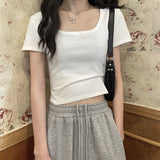 Zingj Short T-Shirt Female Solid Color 2024 New High Waist Slim Show Thin Hot Girl All-Match Short-Sleeved Square Collar Top
