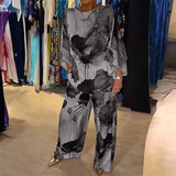 New Women's Temperament Elegant Print Bat Sleeves Wide Leg Trousers Fashion Set