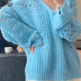Women Spring Hollow Out V-neck Soft Sweater 3 Colors All-match Pure Simple Female Design Clothes Knitwear Basic