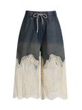 Temperament Casual Two Sets Of 2025 Autumn And Winter New Trend Hottie Lace Splicing Denim Shorts Set