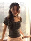 Pure Desire Girl Age Reduction Irregular Lace Splicing Short-Sleeved T-Shirt Design Bubble Sleeve Repair