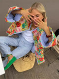Cotton Clothes In Autumn And Winter 2025 New Cotton Collar Printing Horn Sleeve Cotton Suit Splicing Bump Color Cotton Jacket Women's
