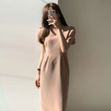 Chic Temperament Light Style V Collar Slimmed Body Pressure In The Waist Of The Long Over-Knee Short-Sleeved Dress