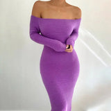 Long Sleeve Strapless Women's Dress Off Shoulder Autumn Party Sexy Lady Dress Knitted Cotton Casual Fashion