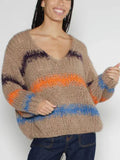 Autumn And Winter Loose Color Stripe V-Neck Collar Knitted Shirt Long-Sleeved Sweater