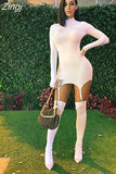 2023 Sexy Women Dress With Stockings Buckle Pacthwork Dress Club Streetwear Long Sleeve Solid Bodycon Pencil