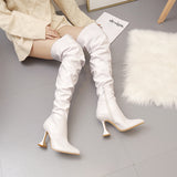 Winter New Long Boots Women With Pointed White High Heels And Knee Boots Leg Slim Wine Glasses And