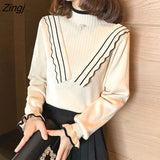 Women Slim Casual Sweaters Patchwork Butterfly Sleeve Half Turtleneck Knitted Lady Elegant Korean Style Outfits