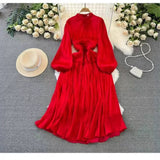 Korean Version Of The Lantern Long Sleeve To Receive The Waist Thin Folded Folded Lily Dress Seaside Long