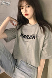 Sleeve T-shirts Women Letter Printed Crop Top Soft All-match Korean Style Womens Tees Students Chic Loose Retro