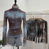 Shooting Denim Pattern Dye Printing Retro Babes Thin Mesh T-Shirt High-Necked Long Sleeve Bottom Shirt Top
