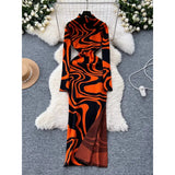 Zingj Women's Dress 2024 New Slim Slim Fashion Print High Neck Slit Long Knit