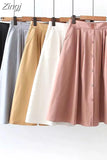 Women Summer Cotton Skirt Girls Elegant Solid Elastic Waist Spring Casual Single-Breasted Office Ladies A-Line Midi Skirt
