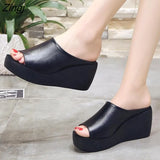 Women Sandals 7.5cm Platform Wedges Women's Shoes Thick Heel Open Peep Toe Sandals Leather Summer Style Slide Black