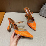 Summer New Pointed Toe Rhinestone Sequined Stiletto Slippers Leopard Print Baotou Half Drag