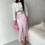Pink Printed Satin Midi Straight Skirt- Outfit