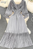 Pleated Party Midi Dress Women Sexy Slash Neck Off Shoulder Flare Long Sleeve Draped Ruffle Vestidos Female