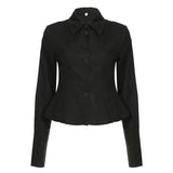 Simple Commuting Style Slim Thin Collar Buckle Foundation Solid Color Woven Long-Sleeved Shirt Top
