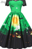 Dress Christmas Costume Women Lace Short Sleeve Hight Waist Vintage Evening Party Prom Casual