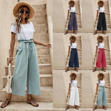New Women's Summer Loose Waist Solid Cotton Belt Broad Leg Pants Loose Nine-Point Trousers
