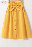 Women Elegant High Waist Midi Skirt Spring And Summer Casual Single-Breasted Solid Black White Bowknot Belt Office A-Line