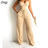 2PCS Women Sexy Zipper Back Cami Top Wide Legs Contrast Pipping Long Pants Set Elegant Workwear Casual Two Piece Suits