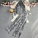 Zingj Suit Female Autumn And Winter Ink Painting Jacquard Zipper Hoodie Two Sets Of High Waist Wide Leg