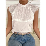 Stand Collar Top Lady Loose Sleeveless Sexy Lace Shirt Womens Blouses Solid Pink Shirts 2023 Pullover Blusas Mujer