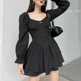 Fashion Elegant Puff Sleeve Black Dress Women Corset Autumn Pleated Sexy Party Dress Mini Double Layer Ruched