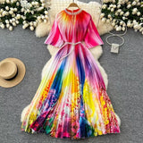 Women's Niche Elegant Dress New Hollow Nail Ball Neck-To-Celing Waist-Print Folding Long