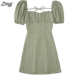 Women French Style Square Collar Pleats Puff Sleeve Black Mini Dress Female Chic Back Lace Up Casual Slim Vestidos