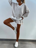 And Winter New Ladies Casual Striped Suit Long-Sleeved V-Neck Loose Top Sports Shorts Two-Set