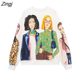 Women Fashion Contrast Color Girls Print Casual Fleece Sweatshirts Female Long Sleeve Hoodies Chic Pullovers Tops
