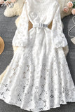Autumn Women Hook Flower Hollow Party Long Dress Vintage Round Neck Puff Sleeve High Waist A-Line Maxi Vestidos New