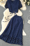 Women Polka Dot Chiffon Two Piece Set Vintage V-Neck Bandage Short Tops + High Waist Mermaid Skirt 2Pcs Suits New