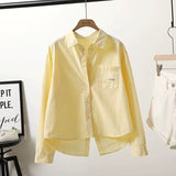 Fruit Green Back Open Fork Short Cotton Shirt Women 2025 New Korean Version Of Single Pocket Shirt