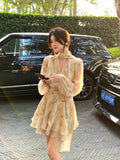 Xixi 2025 New French Printing Retro High-Waist Long Sleeves Thin Dress Short Skirt