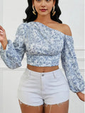 Women's Short Blue Broken Flowers With Asymmetric Shoulder Bubble Sleeve Shirt Autumn Women's