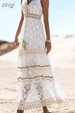 Dress Women Summer Sleeveless Dress Female Solid Lace V Neck Sundress Ladies Hollow Out Beach Dress Vestidos De