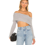 Zingj New One-Line Shoulder Off-The-Shoulder Long Sleeve Short Knit Top Female