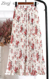 Women 2023 High Waist Floral Print Mid Calf Long Pleated Skirt Girls Summer Vintage Elegant Chiffon Midi