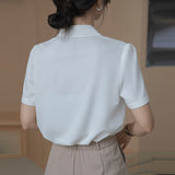 Women's Shirts Summer Pointed Neck Shirt Fashion Silk White Shirt Short Sleeve Blouse Womens Tops Elegant Female