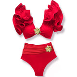 Solid-Color High-Waisted Bikini 2025 New Split Swimsuit Female Lotus Edge Bikini Export