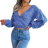 Wind Real Autumn And Winter Color Cross V Neck Lantern Sleeve Open Umbilly Sweater Women's