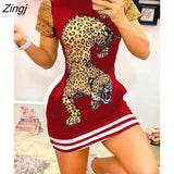 Women Sexy Daily Wear O Neck Cute Tiger Animal Print Short Sleeve Casual Summer Vintage Mini Bodycon Party