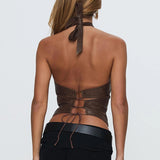 Culture Leather Splicing Vest Ancient Early Do Old Sexy Bare Back Belt Belt Short Hanging Neck Sling