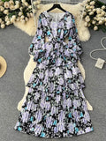 Autumn Women Floral Ruffle Long Dress Bohemian Vacation Beach Maxi Robe Female Elegant V-Neck Lantern Sleeve Robe