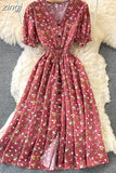 Women Single Breasted Printed Midi Dress Red/Blue/Green Puff Short Sleeve High Waist Vestidos Summer Female Robe