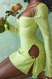 New Summer Long Sleeve Bodycon Dress Square Collar Mini Mesh Dress Lovely Birthday Party Pink Outfits